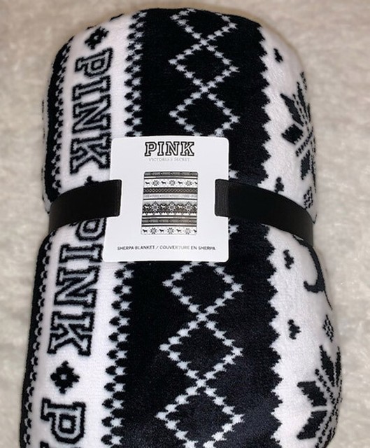 NEW Victoria's Secret Pink Sherpa Blanket 2019 Fair Isle Black White VS