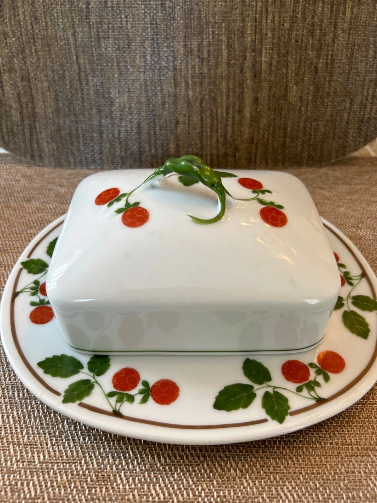 Vintage Covered Butter Keeper Dish With Lid and fruit design 8 1/2 wide