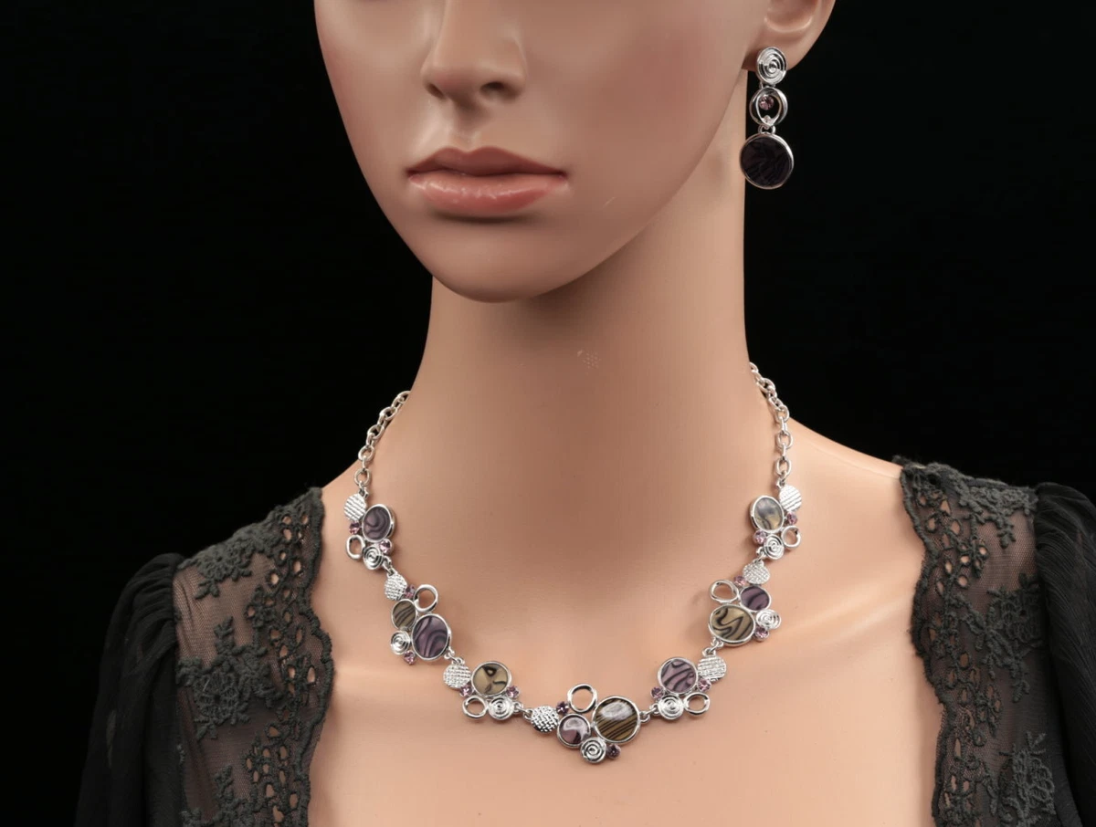 purple enamel crystal round collar choker necklace drop earrings