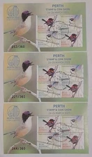 2023 March Perth Stamp Show Fairy Wren Birds overprint set of 3 minisheets mint