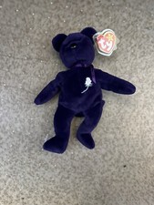 TY BEANIE BABY 1997 PRINCESS DIANNA FIRST EDITION PURPLE BEAR WHITE ROSE