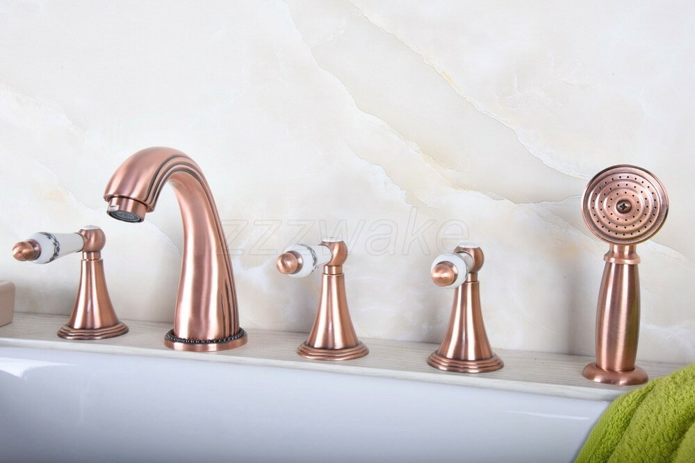 Antique Red Copper Deck Mounted 5 Holes Roman Bathtub Faucet