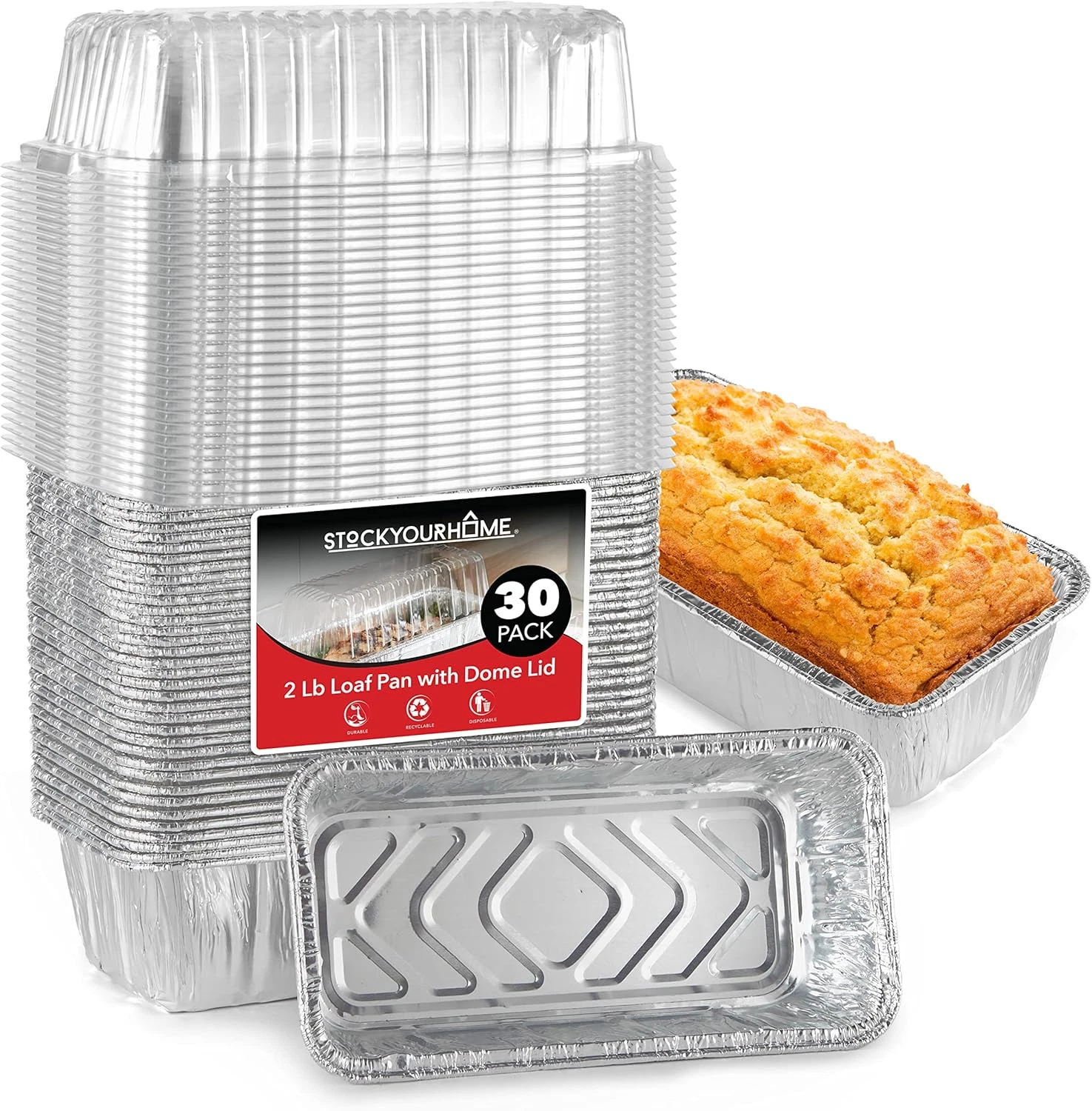 Disposable Aluminum 2 Lb Loaf Pans with Lids 30 Pack Foil Baking Tins