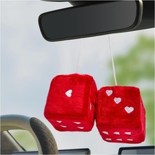 1 Pair Fuzzy Plush Dice for Car Mirror, 3'' Retro Square Dice with Heart Red