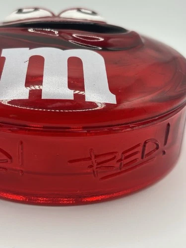 Vintage M&M’s Red Character Glass Candy Jar Embossed “Red!” Clear Container