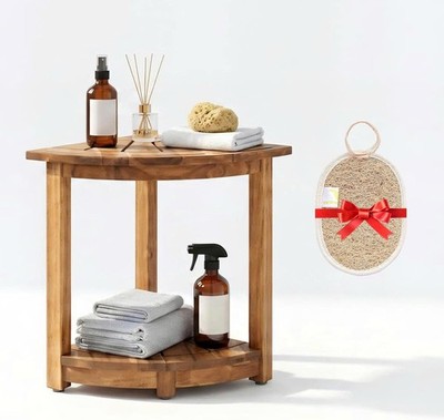 Acacia Wood Corner Shower Shelf for Inside Shower   Waterproof Shower Bench &