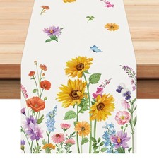 Spring Floral Table Runner 13x90 Inch Sunflower Wildflowers Leaves Butterfly ...