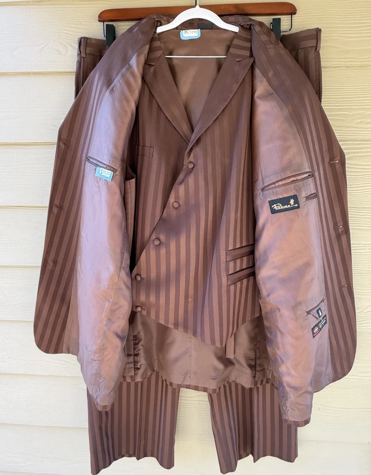 Falcone Superlative 150's Men's Brown Strip Blazer Vest Pants 3pc Suit 54L x 50L - Image 3 of 4
