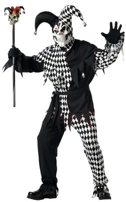Evil Jester Costume Shirt With Hooded Collar & Skull Mask Style 00928