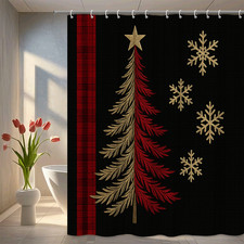Christmas Shower Curtain with Tree and Snowflakes - Festive Home Decor