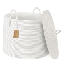 18" X 18" X 14" Extra Large White Basket with Lid, Woven Cotton Rope Full White