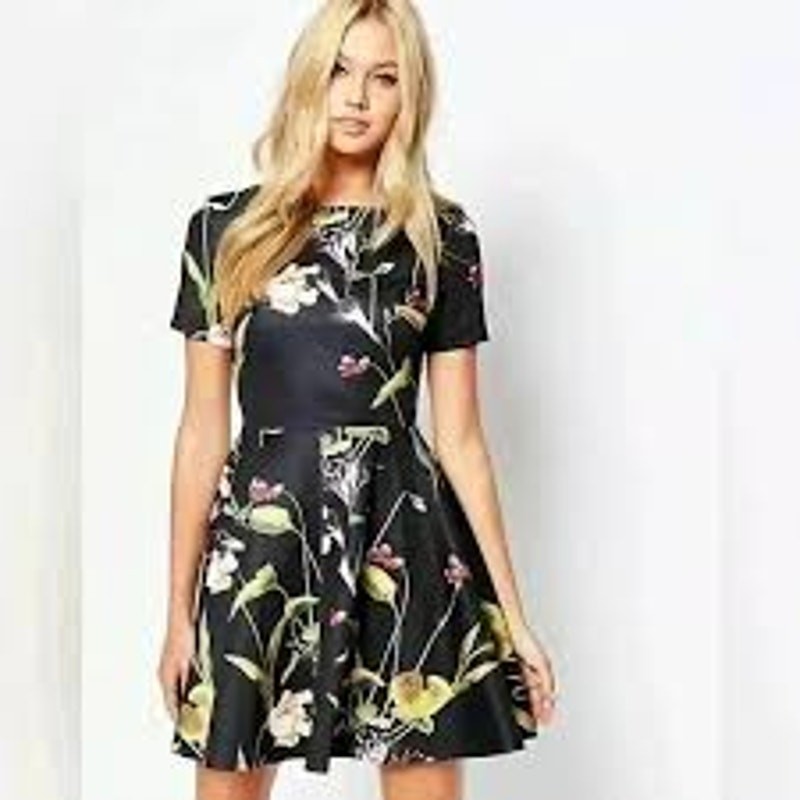 NWT Ted Baker Black Floral Moven Skater Dress Sz 5 US 12  $279 MSRP
