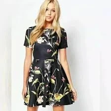 NWT Ted Baker Black Floral Moven Skater Dress Sz 5 US 12  $279 MSRP
