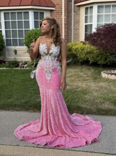 Womens Pink Sequin Beaded Lace V-Neck Backless Long Formal Gown prom dress.
