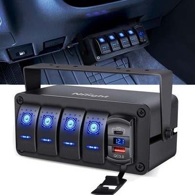 4 Gang Rocker Switch Box 12V SPST ON Off PD Type C and QC 3.0 USB Charger Vol...