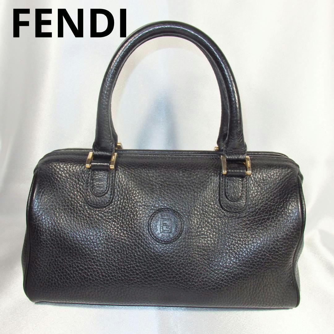 Rare FENDI FF Logo Black Leather Mini Boston Bag Elegant Authentic