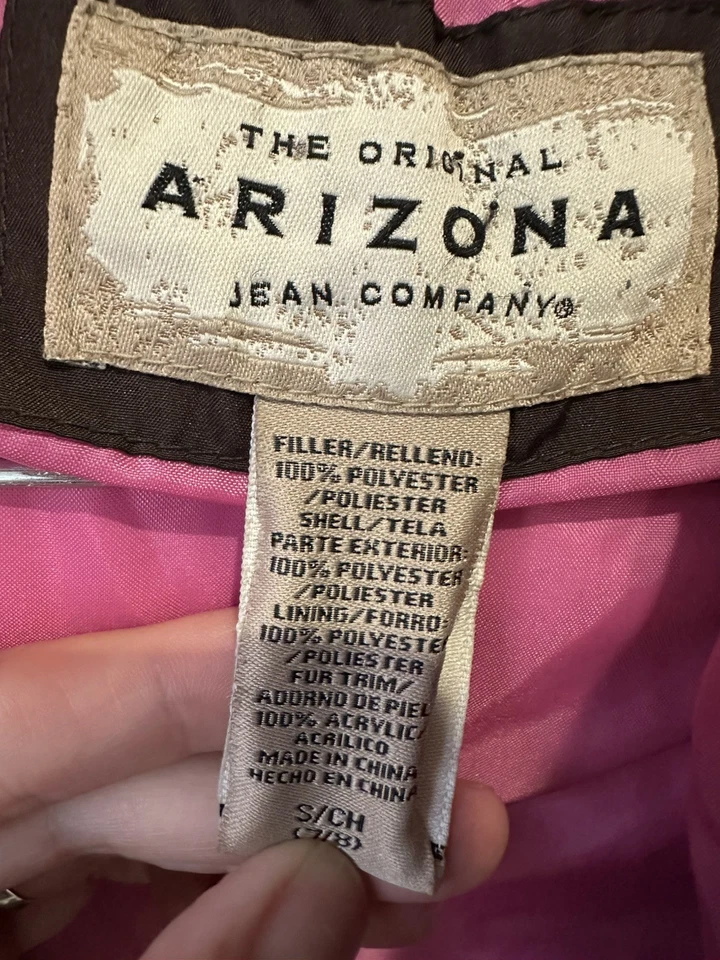 Girls Arizona Coat Size 7/8 Puffer Faux Fur Hood Brown Pink Lined - Image 3 of 4