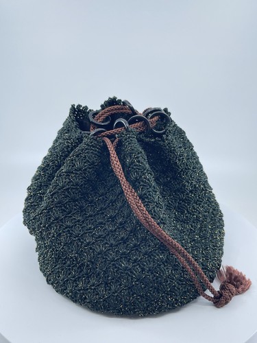 Borsa tote bag in maglia intrecciata a mano coulisse verde nero marrone colore oro accento - Foto 7 di 23