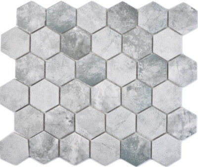 Hexagonale Sechseck Mosaik Fliese Keramik Zementoptik hellgrau Mosaikfliese Wand