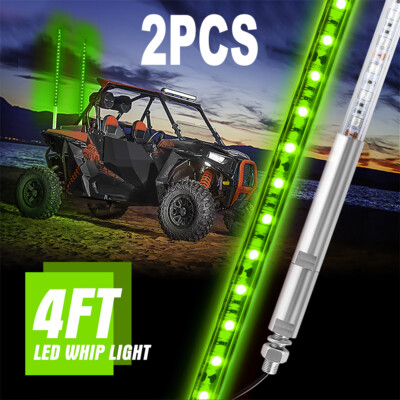 2pcs 4ft Green Lighted LED Whip Antenna Flag Pole For UTV ATV