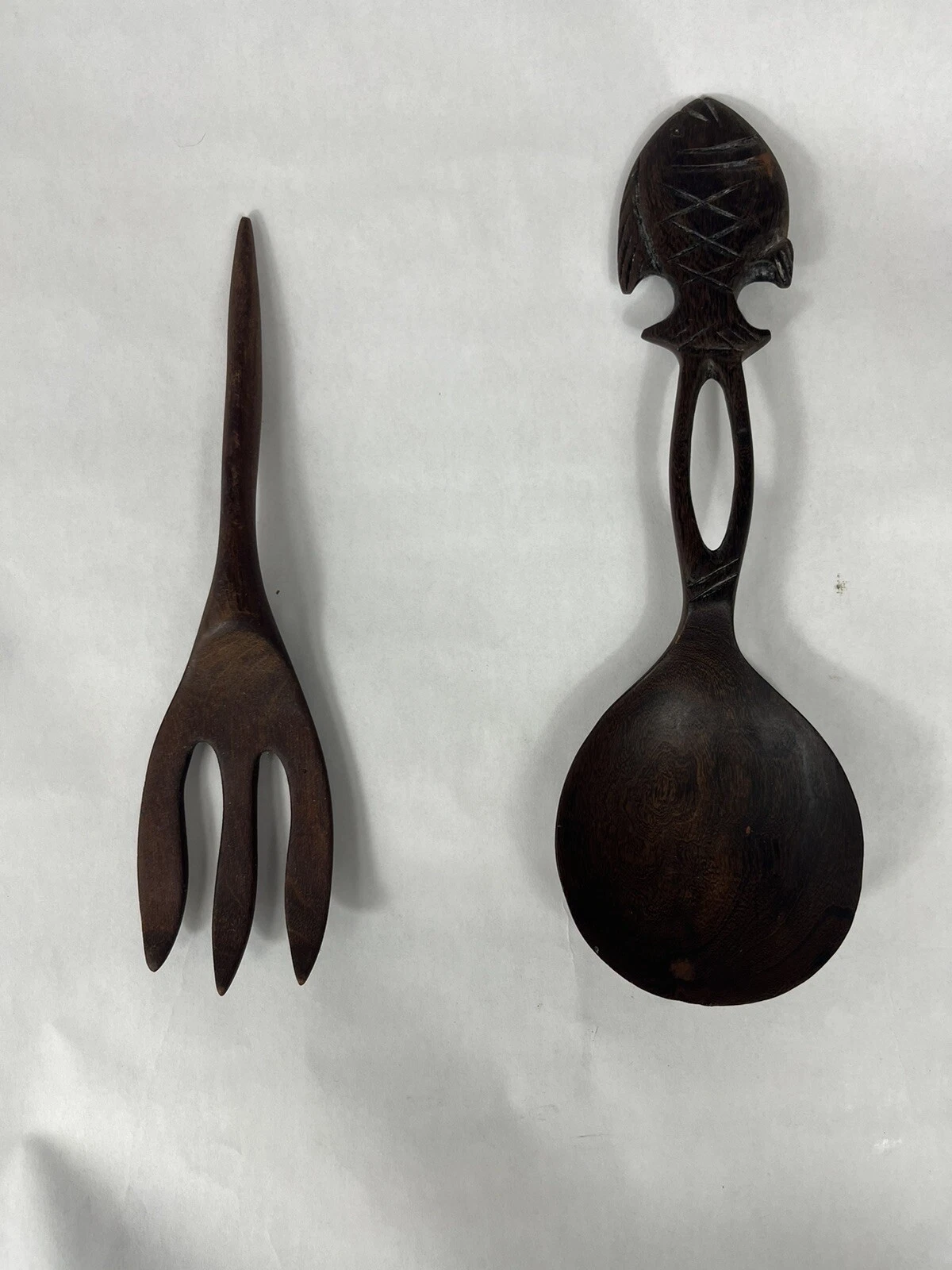 Hand Carved African Wooden Cheetah Salad Spoon and Fork Serving Set 10.5”, 9”