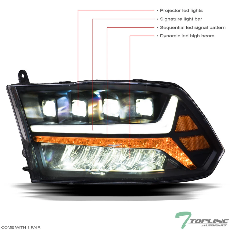 Topline For 2009-2018 Dodge Ram Full LED Sequential Projector Headlights - Black Foto 3 de 4