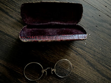 Late 1800's Wire Rim Glasses / Eyeglasses with Alligator Skin Case