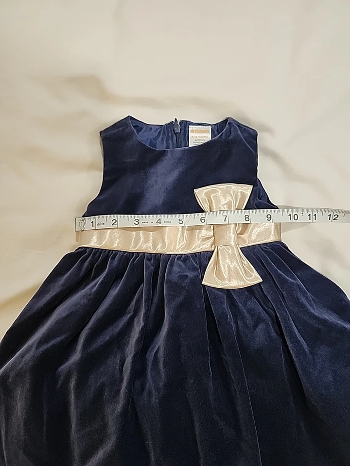 Vestido sin mangas de terciopelo azul para niña Gymboree 6-12 meses con lazo dorado claro Foto 4 de 4