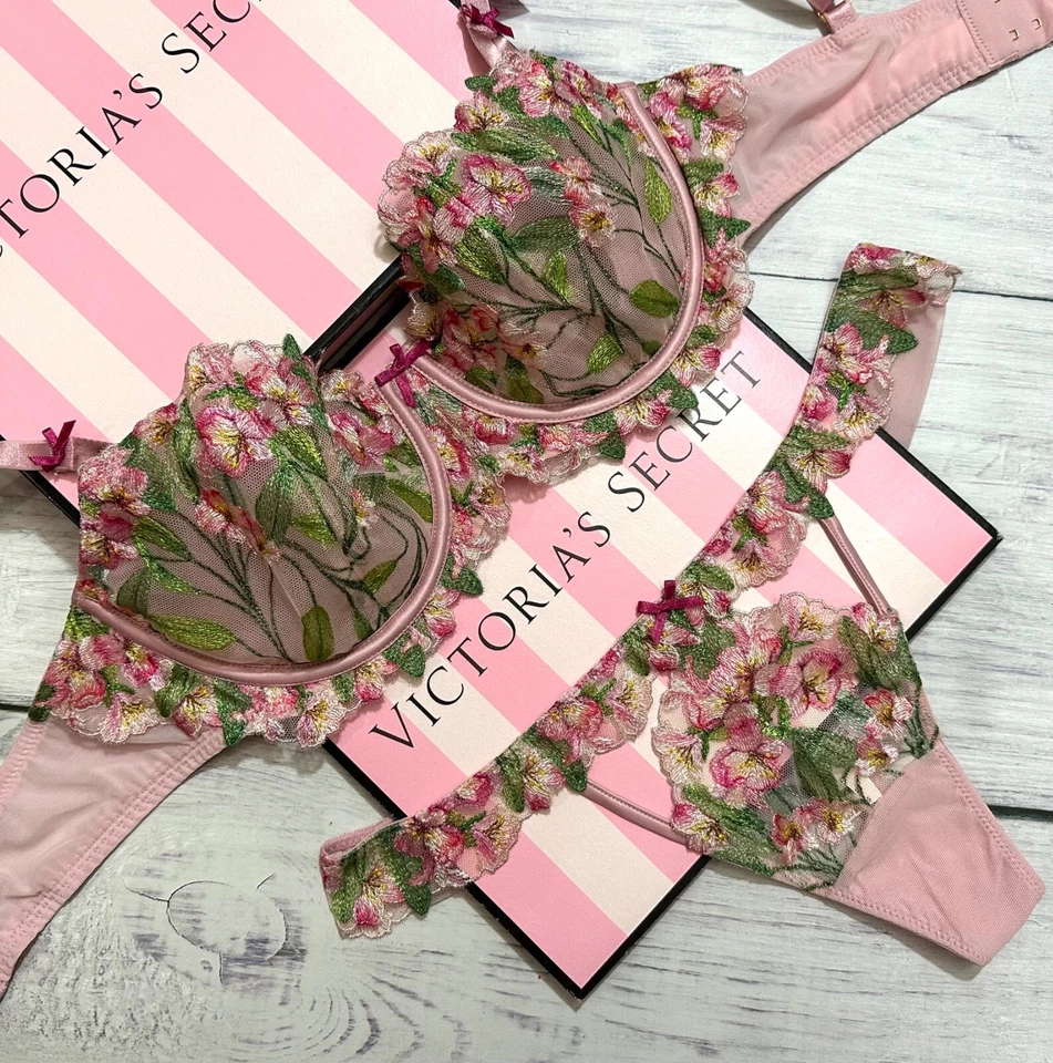 Victoria’s Secret Tiza Rosa Bordado Malvado Sin Forro Balconette Sujetador Tanga Conjunto Foto 2 de 4