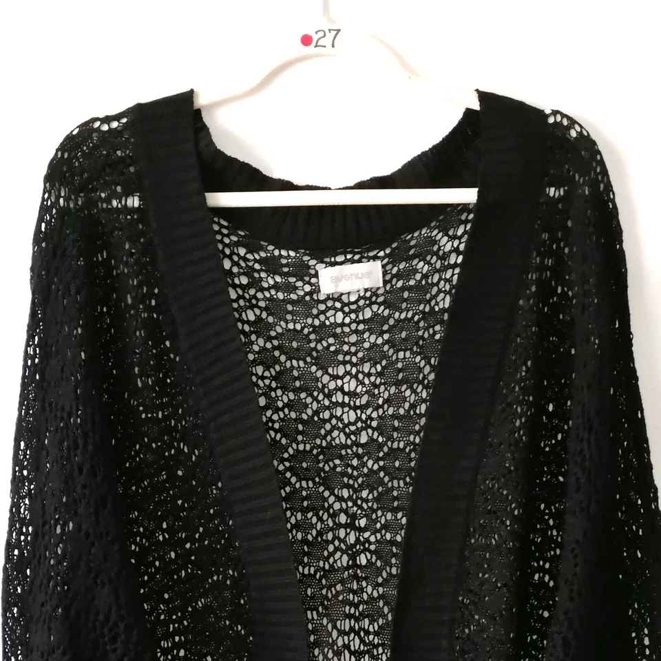 Suéter cárdigan Avenue para mujer negro manga raglán ganchillo frente abierto talla 24 Foto 2 de 4