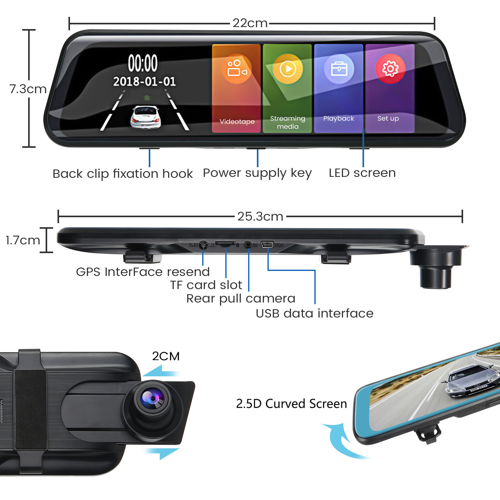10'' Car Dash Camera Front and Rear View Mirror Reverse Camera DVR Dual