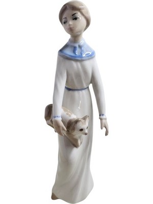 Casades Porcelanas Spain Porcelain Girl Holding Cat Figurine White Blue 10''