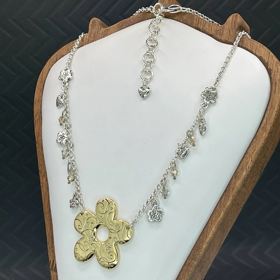 Brighton Golden Poppy Flower Pendant Necklace Mixed Metals Charms 16–18” - Image 4 of 4