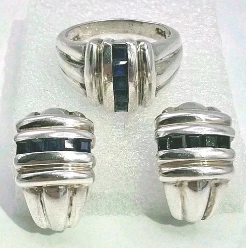 Vintage Signed J.B.N.I Blue Sapphire Ribbed 925 Sterling Ring & Earrings Set