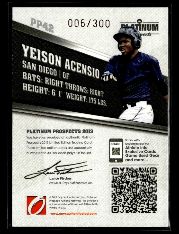 2013 Onyx Platinum Prospects - #PP42 Yeison Asencio - #/300 - Image 2 of 2