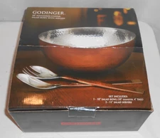 Godinger Hammered Copper/Stainless Steel 10" Salad Set With Servers NEW