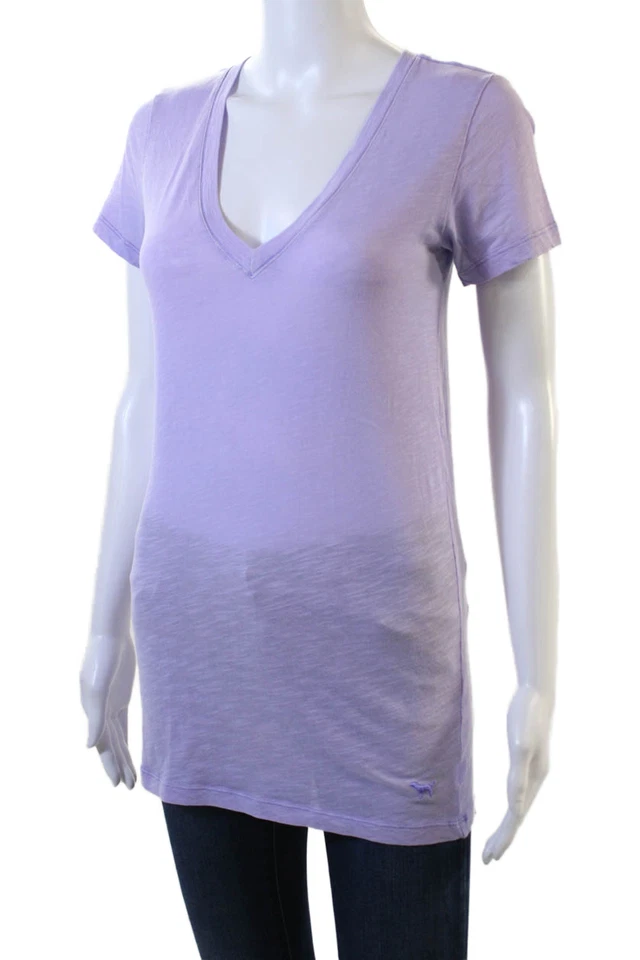 Camiseta básica rosa para mujer de algodón manga corta cuello en V púrpura claro talla S Foto 2 de 4