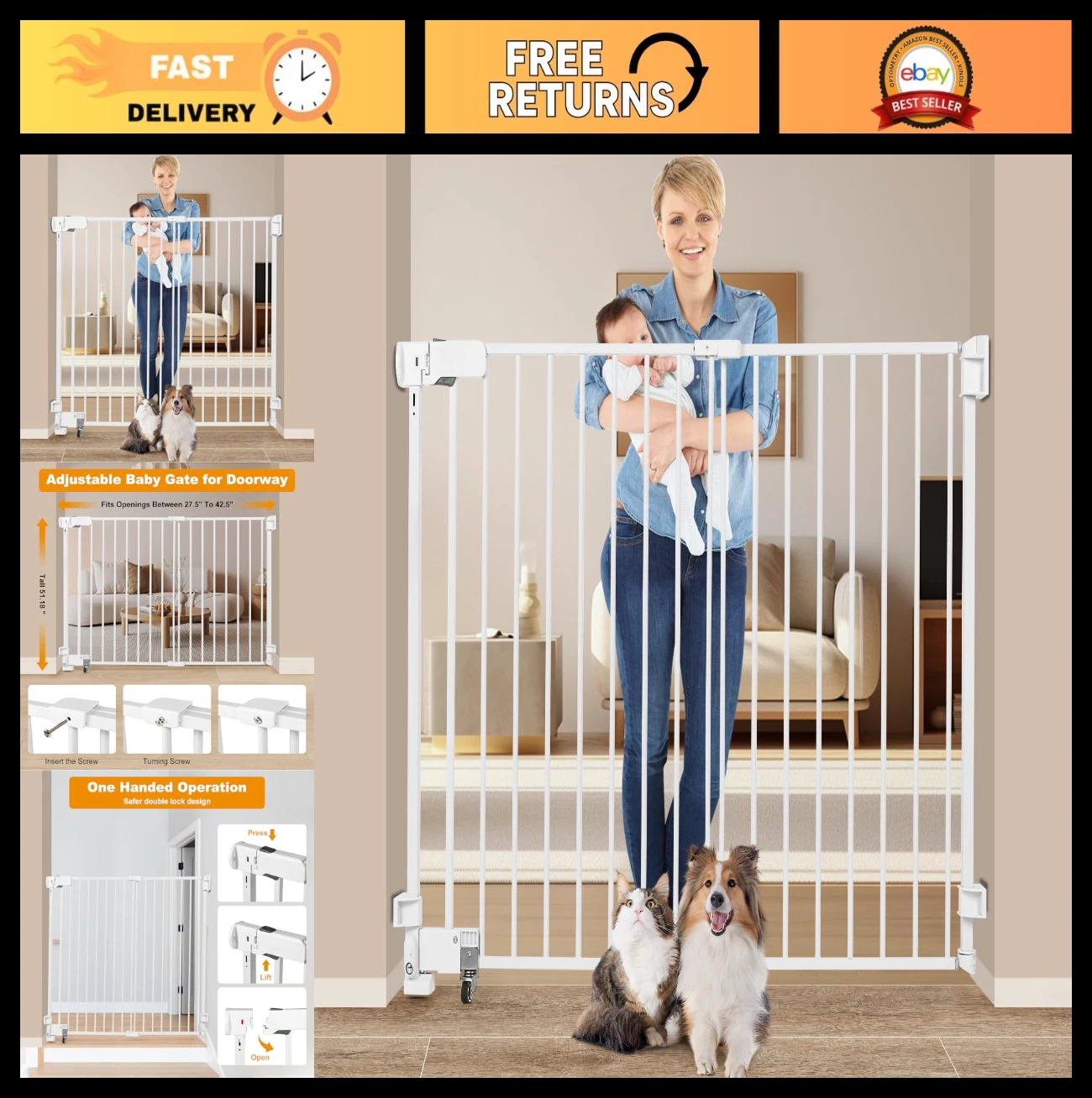 SHYUJAJIE No Bottom Bar Baby Gate, Adjustable 27.5-43 in Dog & Cat Gate White