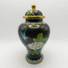 Vintage Cloisonne Enamel Lidded Vase Floral with Birds Blue Brass Trim