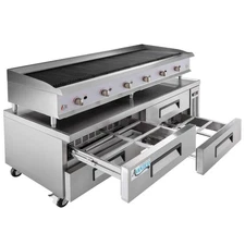 72" Gas Radiant Charbroiler with 72", 4 Drawer Refrigerated Chef Base - 240,000