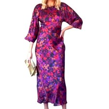 Zara Purple Red Floral Satin Midi Dress Whimsigoth Western Boho Empire Party XS