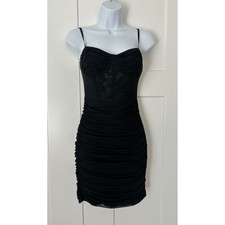 Velvi Evelyn Black Mesh Ruched Corset Bodycon Mini Dress Underwire Sheer Panel S