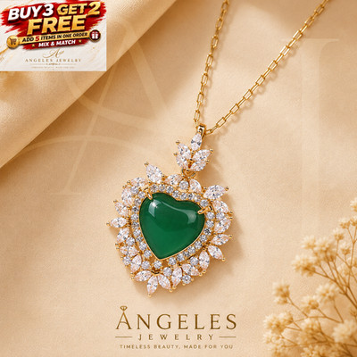 Green Jade Heart Crystal Pendant Necklace 18K Gold Plated Statement Charm