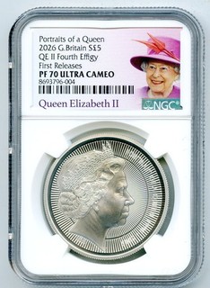 2026 GB S5PD 1 OZ PLATA PRUEBA NGC PF70 QEII RETRATOS DE UNA REINA CUARTA EFIGIE FR