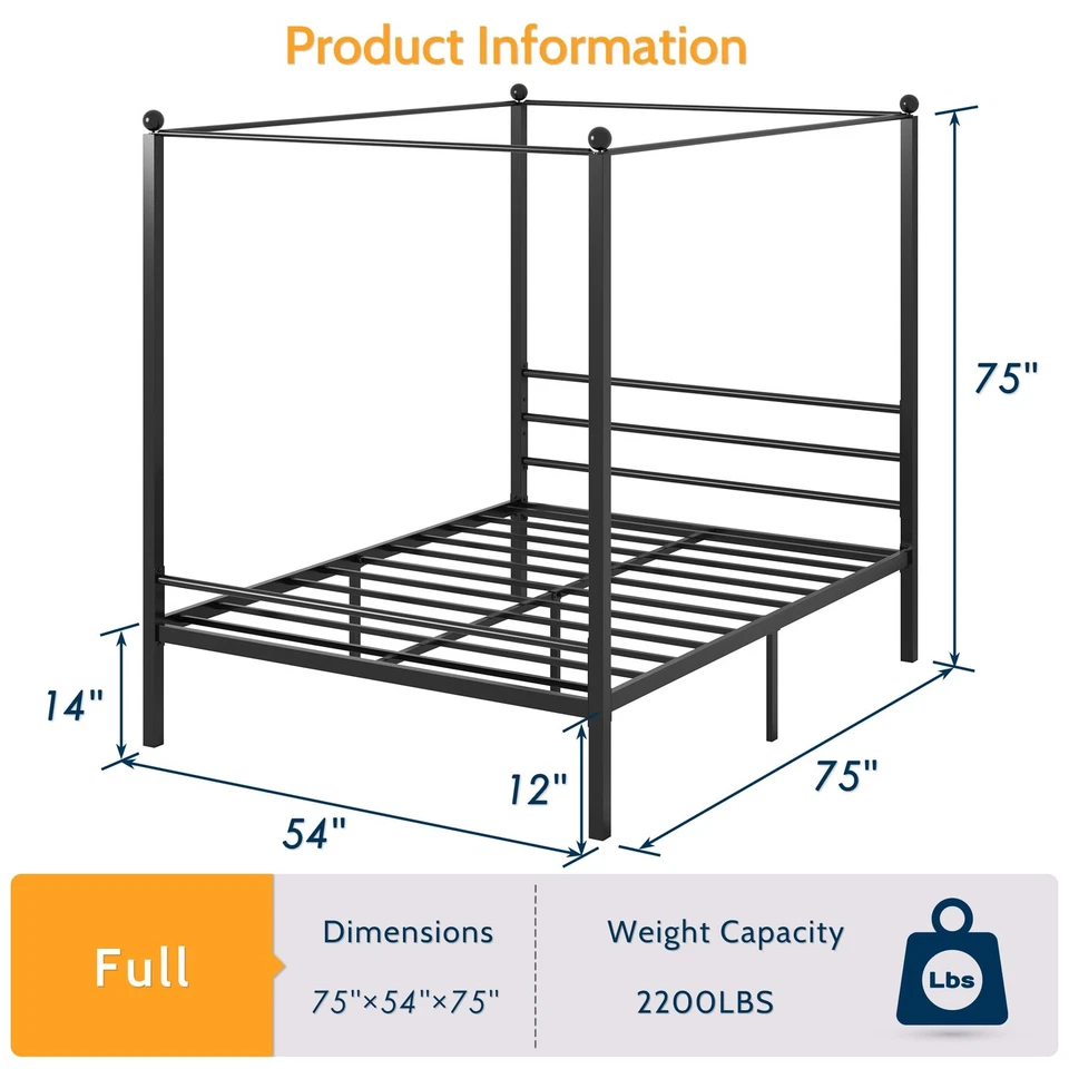 Marco de cama con dosel completo, marco de cama con dosel de metal de cuatro carteles, resistente... Foto 2 de 4