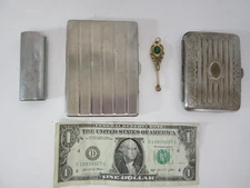 VINTAGE "smoking" items, 2 silver plated cases, lighter cover and small spoon?