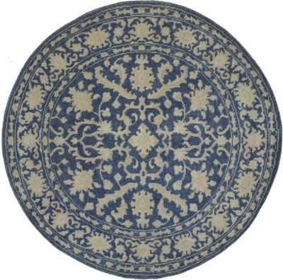 Slate Blue Round Oriental Rug Floral Style Transitional Home Decor Carpet 6X6 ft