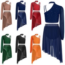 Women Lyrical Dance Costumes Dancewear Halter Crop Top Leotard Skirt Two Piece