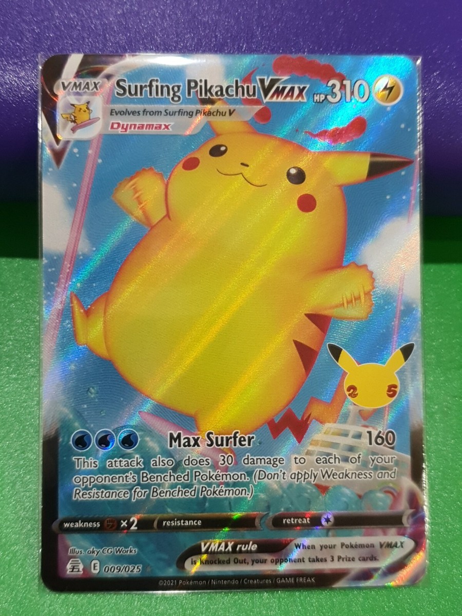 surfing pikachu vmax pokemon card Amazon.com: Pokemon Celebrations Surfing Pikachu VMAX, 25th  Anniversary,Full Art Rare Holo VMAX + Surprise Card! : Toys & Games