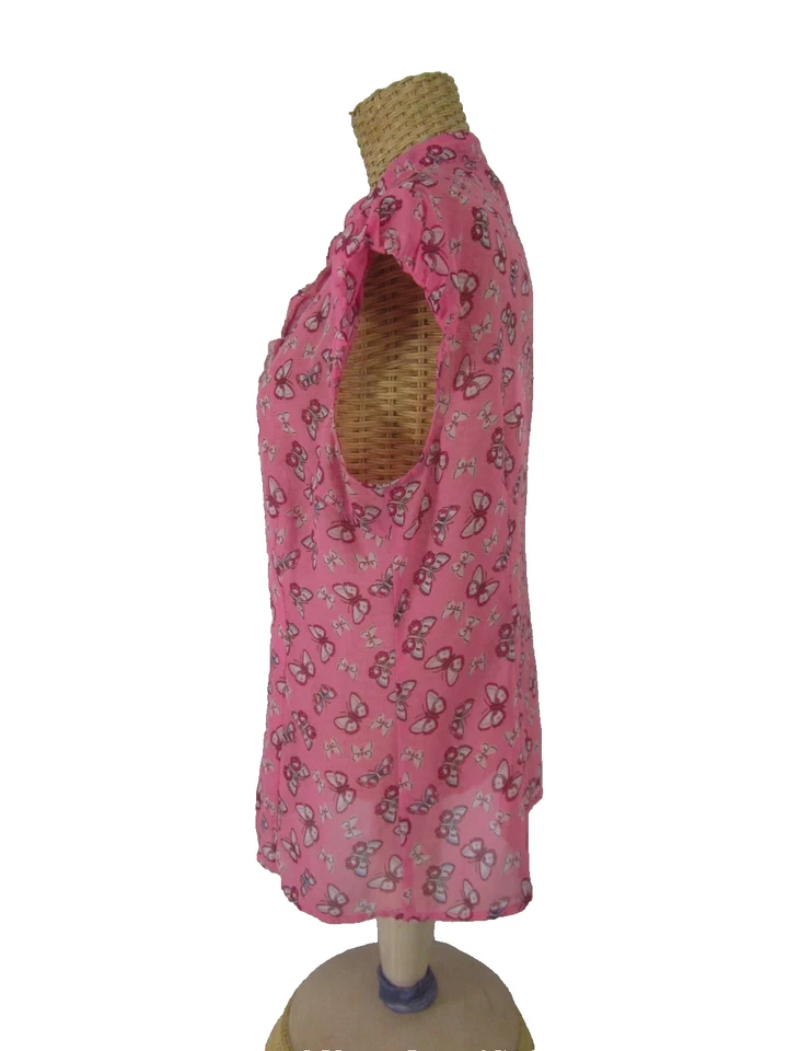 Camisa De Colección Boutique OGGI Miami Beach Para Mujer S Rosa Estampado Mariposa Manga Gorra Seda Foto 4 de 4